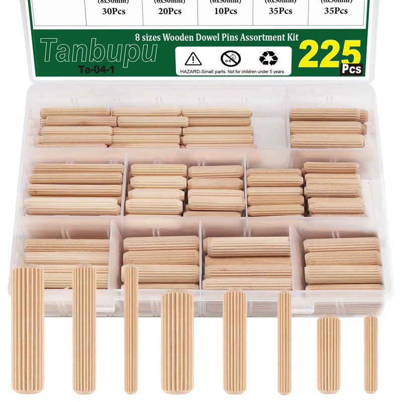 Tanbupu 225Pcs 8 Values Wood Dowels Kit 1/4"" 5/16"" 3/8"", Wooden Dowel Pins, Fluted Wood Dowels Rods for Crafts, Furniture, DIY Manual - Image 1
